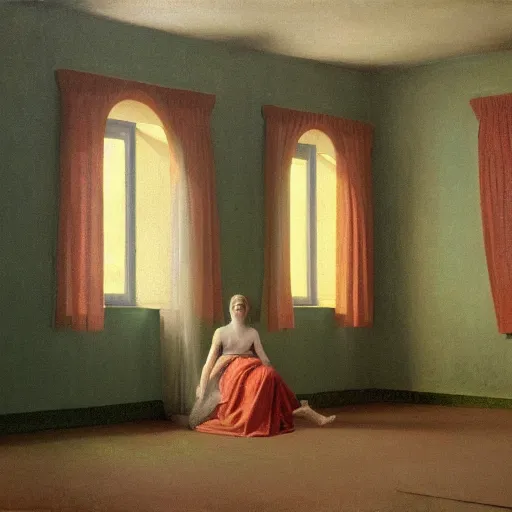 Prompt: a beautiful young girl in a soviet abandoned hotel room, daguerreotype by edward hopper, by henri rousseau, by Bosch, art noveau, highly detailed, strong lights, liminal, eerie, Bright pastel colors, octane render, 8k,