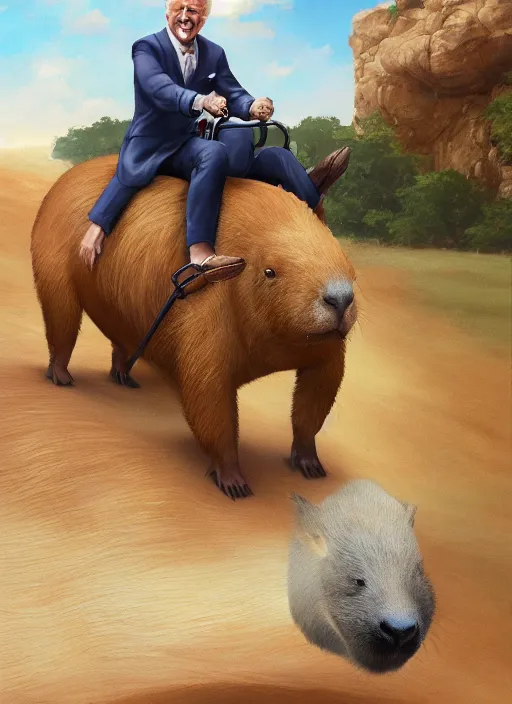 Prompt: ultradetailed photograph of joe biden riding a capybara by artgerm and Craig Mullins, James Jean, Andrey Ryabovichev, Mark Simonetti and Peter Morbacher 16k
