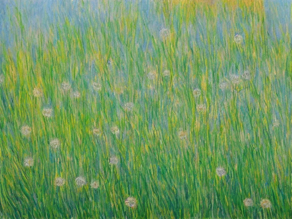 Image similar to a field of dandelions blowing in the wind, in the style of monet