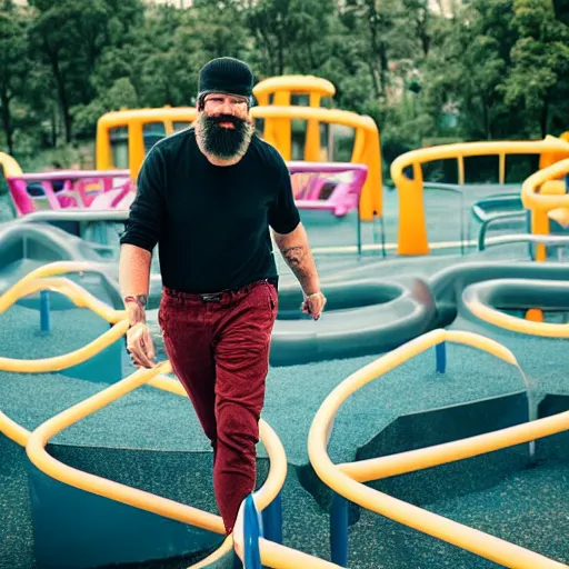 Prompt: A bearded man walks through a funpark