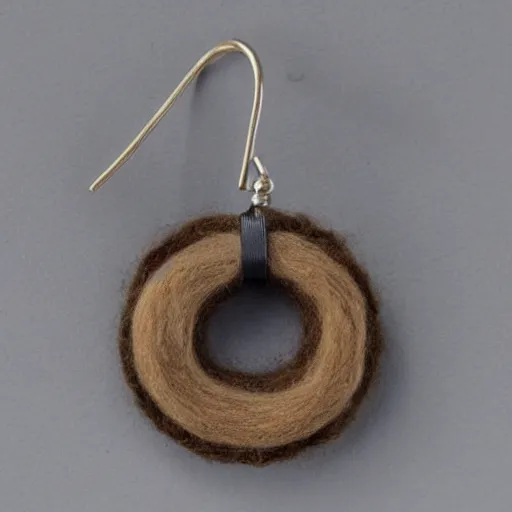 Image similar to a granite earring. It is decorated with alpaca wool and encircled with bands of birch. This object menaces with with spikes of emu leather.