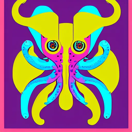 Image similar to cyborg octopus symmetrical colour acrylic painting, coloured, digital art, minimal geometric, vector art