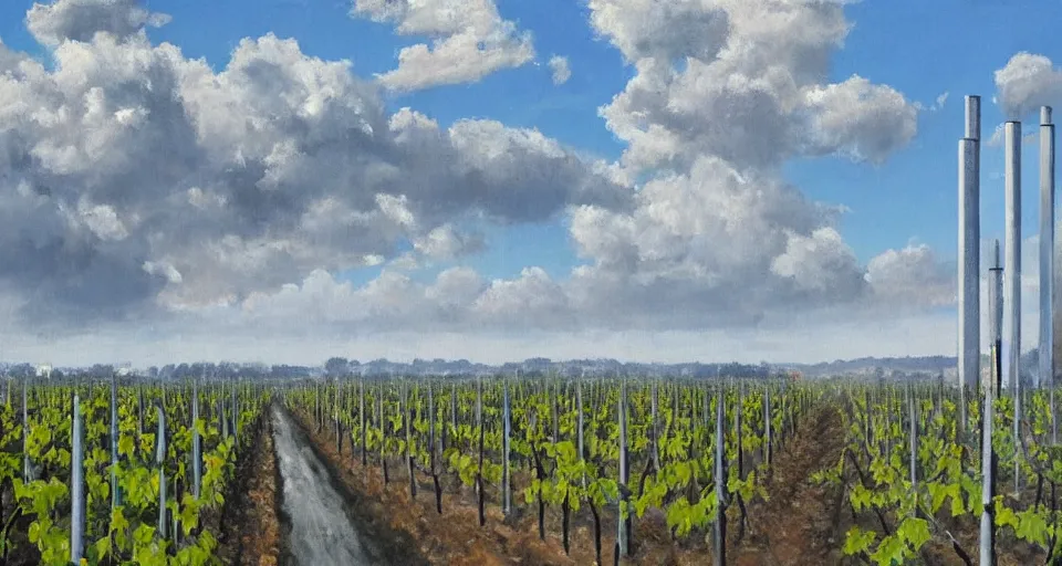 Prompt: world of only concrete, a flat endless plane of concrete covered in thin, very tall concrete pillars that go on to the horizon, vines growing on the pillars, open sky, blue sky with clouds, god rays, beautiful painting, oil on canvas, by Ewa Czarniecka, award winning masterpiece,