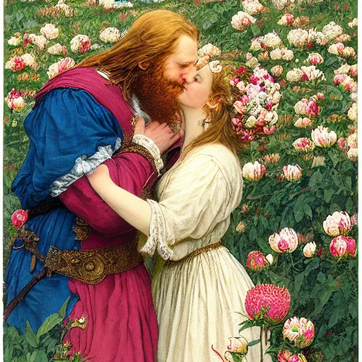 Image similar to a white skinned red bearded viking and an brown skinned princess kiss in a field of peonies, masterpiece, highly detailed, oil on canvas, art by rebecca guay