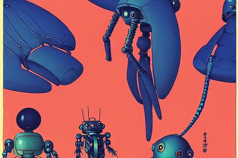 Image similar to gigantic dragonflies with human faces catch tiny robots, a lot of exotic mechas robots around, human heads everywhere, risograph by kawase hasui, edward hopper, satoshi kon and moebius, no text!, colorful flat surreal design, super - detailed, a lot of tiny details, fullshot