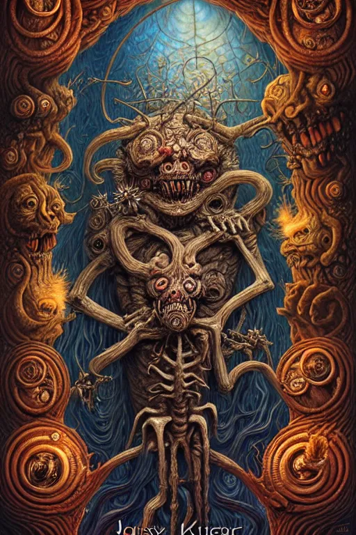 Image similar to A beautiful detailed grotesque monster super cute tarot card, by tomasz alen kopera and Justin Gerard, symmetrical features, ominous, magical realism, texture, intricate, ornate, royally decorated, mechanic, skeleton, whirling smoke, embers, red adornements, blue torn fabric, radiant colors, fantasy, trending on artstation, volumetric lighting, micro details, 3d sculpture, ray tracing, 8k, anaglyph effect, digital art