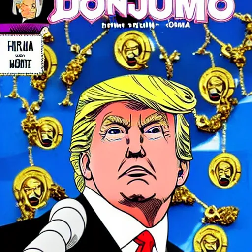 Image similar to Donald trump in JoJo’s bizarre adventure manga, the menacing symbols can be seen above his head