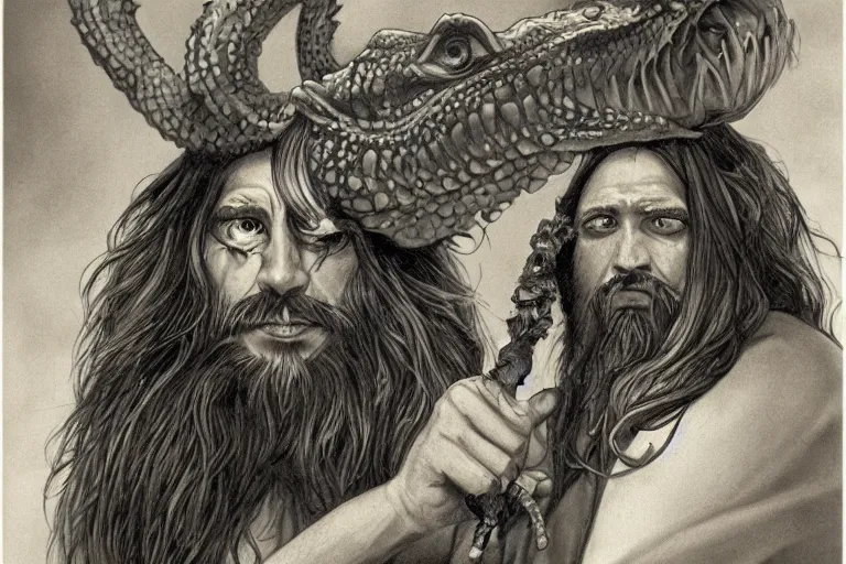 Image similar to 1979 Portrait of a wizard with the head of a bearded dragon fantasy style by Chris Rahn. Trending on r/characterdrawing