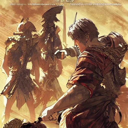 Image similar to The lost Bible, game poster printed on playstation 2 video game box , Artwork by Akihiko Yoshida, cinematic composition