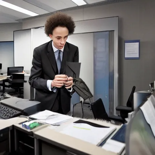 Prompt: malcolm gladwell working in a cubicle