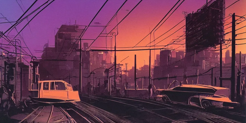 Prompt: post apocalyptic wasteland overhead wires neon futuristic cyberpunk vaporwave glow sunset clouds sky streetcar tram subway tunnel illustration by syd mead