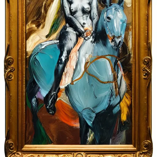 Image similar to high quality high detail expressionist painting of a woman on horseback by lucian freud and jenny saville and francis bacon and nicola samori, hd, anxiety, turquoise and orange