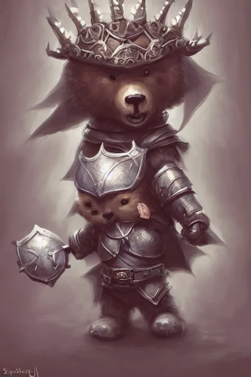 Image similar to cute little anthropomorphic bear knight wearing a cape and a crown, tiny, small, miniature bear, baby animal, short, pale blue armor, cute and adorable, pretty, beautiful, DnD character art portrait, matte fantasy painting, DeviantArt Artstation, by Jason Felix by Steve Argyle by Tyler Jacobson by Peter Mohrbacher, cinematic lighting