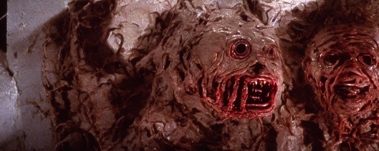 Image similar to filmic extreme wide shot movie still 4k UHD interior 35mm film color photograph of a a detached snarling distorted deformed human head protruding out of a mutated abstract shape shifting organism made of human internal organs, in the style of a horror film The Thing 1982