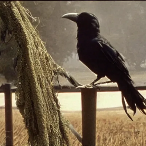 Prompt: female scarecrow with a crow, movie still