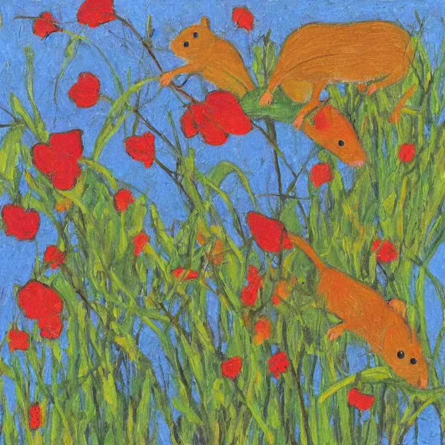 Image similar to harvest mouse in the style of Maud Lewis, oil on canvas