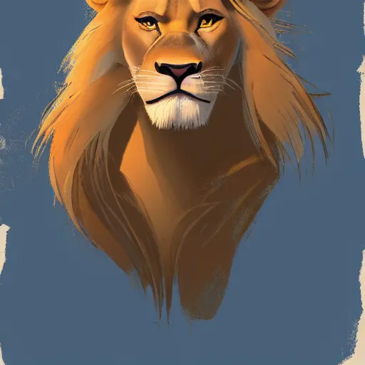 Image similar to a full-height portrait from afar of Simba form the Lion King look like an ordinary human boy with beautiful hair and the head of the lion, wearing a white T-shirt and blue jeans, humanisation, digital art style