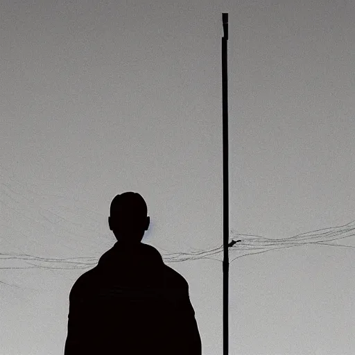 Image similar to a man in front of a high wire fence, minimalist, dystopian art