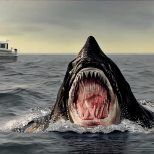 Image similar to Live Action Still of Jerma in Jaws, real life, hyperrealistic, ultra realistic, realistic, highly detailed, epic, HD quality, 8k resolution, body and headshot, film still