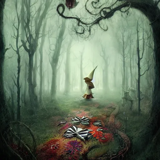 Prompt: Alice in Wonderland, painted by seb mckinnon, surreal forest, dreamy atmosphere, realistic, high detail, digital art, trending on artstation