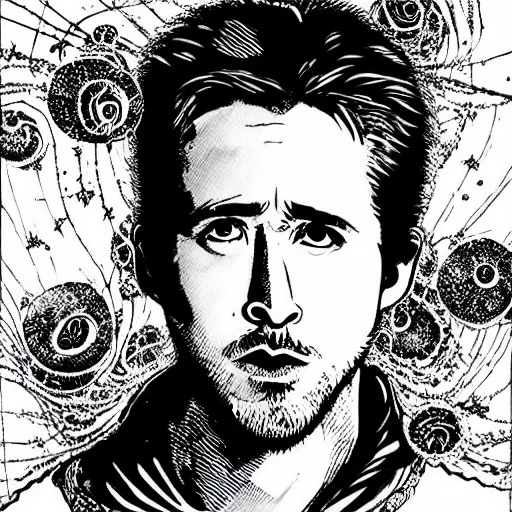 Image similar to black and white pen and ink!!!!!!! Yoshitaka Amano designed Ryan Gosling wearing cosmic space robes made of stars final form flowing royal hair golden!!!! Vagabond!!!!!!!! floating magic swordsman!!!! glides through a beautiful!!!!!!! Camellia flower battlefield dramatic esoteric!!!!!! Long hair flowing dancing illustrated in high detail!!!!!!!! by Moebius and Hiroya Oku!!!!!!!!! graphic novel published on 2049 award winning!!!! full body portrait!!!!! action exposition manga panel black and white Shonen Jump issue by David Lynch eraserhead and beautiful line art Hirohiko Araki!! Rossetti, Millais, Mucha, Jojo's Bizzare Adventure