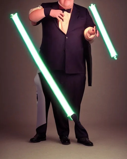 Image similar to Studio Photograph of a real life Peter Griffin from Family Guy dressed as Han Solo and Holding a glowing light saber in the Style of Annie Leibovitz,