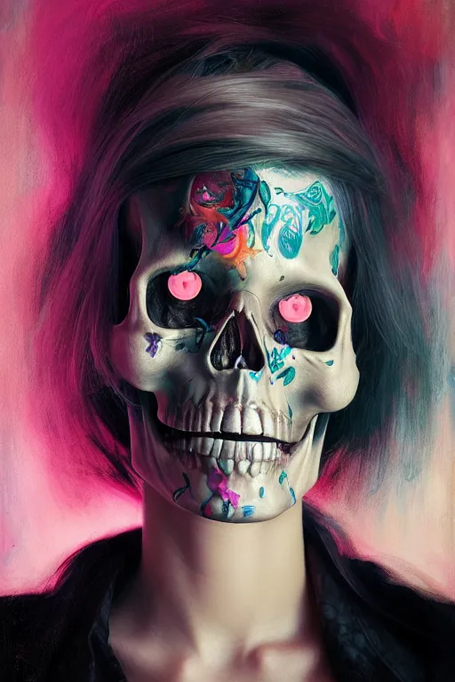 Image similar to attractive portrait skull girl by petros afshar, hyper real, leng jun and singer sargent