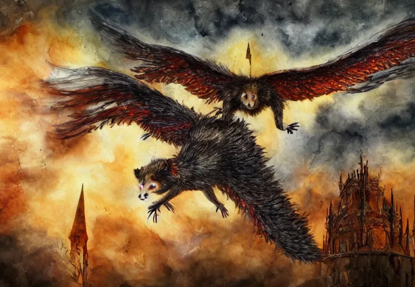 Prompt: the legendary fire winged possum is flying over a medieval castle under the dark starred sky, dark fantasy, watercolor, dreaming illusion, highly detailed, 4k, trending on Artstation, award-winning