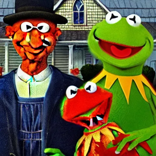Image similar to kermit and elmo in the style of american gothic by grant wood