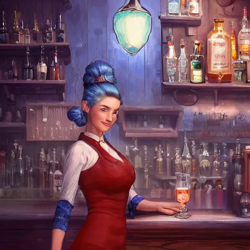 Image similar to an insanely detailed portrait of a smiling beautiful barmaid with short blue hair working at a rustic saloon, wearing red dress, highly detailed features, sparkling blue eyes, long eyelashes, in the style of peter mohrbacher, artgerm, dramatic lighting and composition, octane render, trending on artstation, concept art 8 k