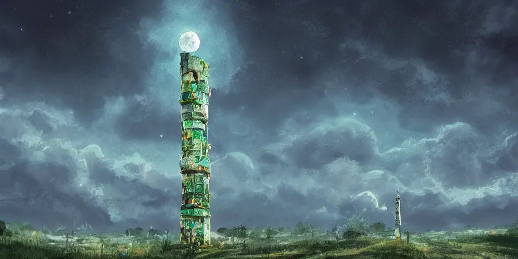 Prompt: The great intricate marble wizards tower, painted landscape,green fields in the background, moody lighting, moon in the night sky, sharp image, artstation, colorful digital art