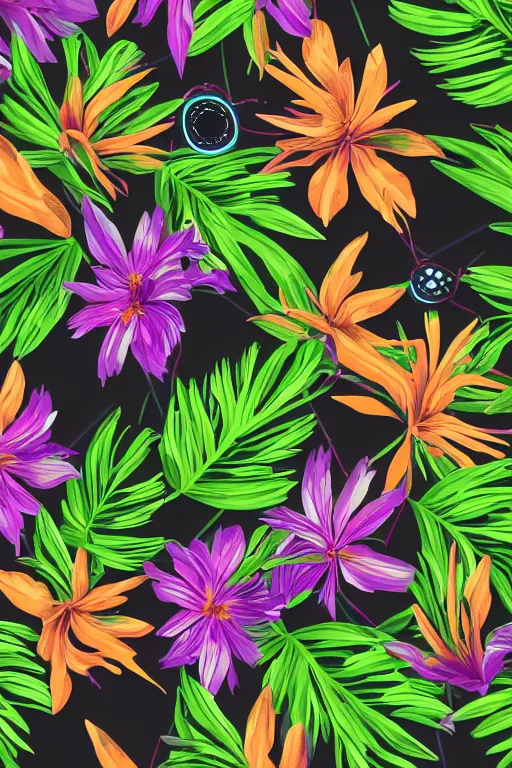 Prompt: sombre detailed vector illustration of photorealistic robotic tropical flowers and green wirey leaves, multiple cohesive colors ranging from warms purples to bright oranges on a ((very dark black factory background)), 4K resolution, trending on artstation, hd wallpaper