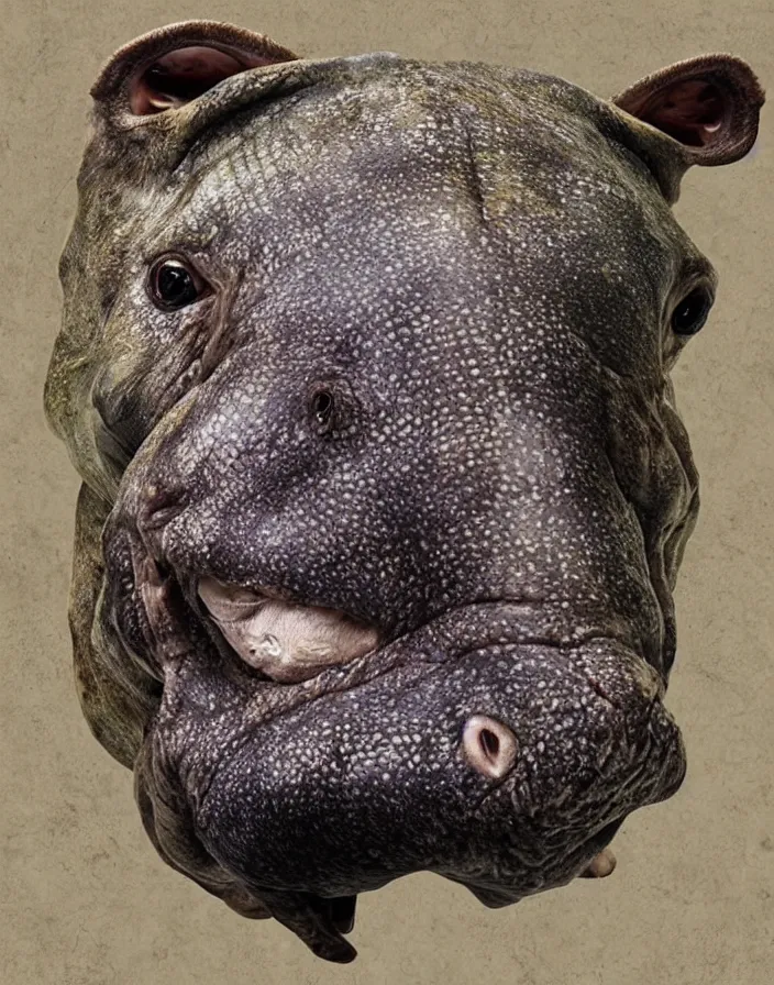 Image similar to portrait of muscular animal human merged head dolphin skin, solid background, scales skin dog, merged monkey head, hippo face morphed, gills, horse head animal merge, morphing dog head, animal eyes, merging crocodile head, anthropomorphic creature