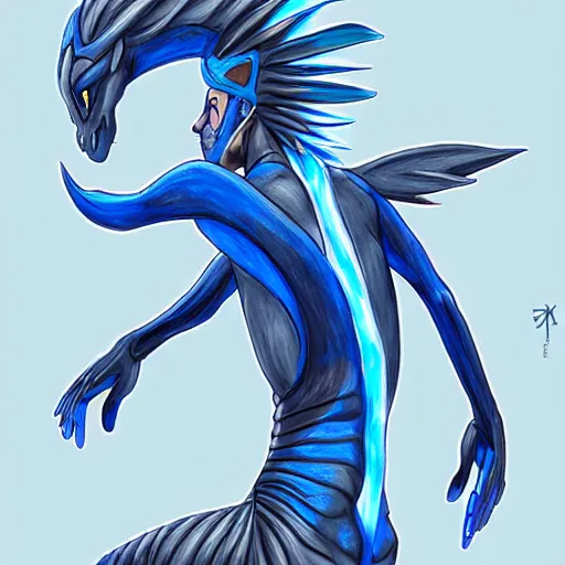 Prompt: human man with the tail of the pokemon dragonair attached to his whole spine, futuristic, electrical, back - shot, high tech, symmetrical, digital art, dragon, blue, pokemon, anatomy, d & d, 4 k hd, very detailed, drawing