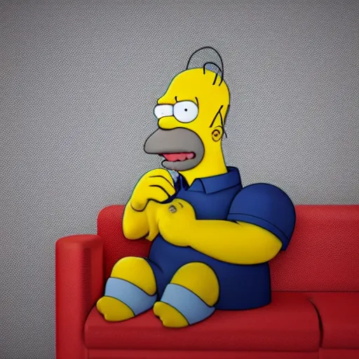 Image similar to octane render of homer simpson sitting on a couch, 8 k, very detailed, very intricate,