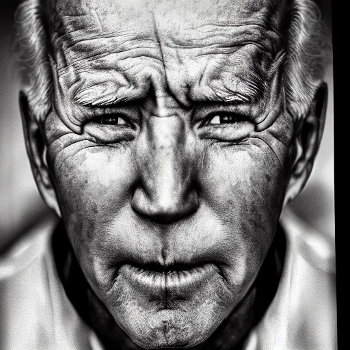 Image similar to a photographic portrait of Biden with bells palsy by Lee Jeffries