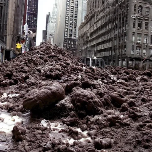 Image similar to tsunami of liquid chocolate on new york, post apocalyptic, cinematic, end of the world