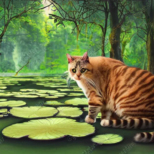 Prompt: photorealistic illustration of a cat in woods, lotus flowers