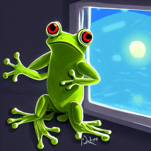 Prompt: A frog wearing an astronaut suit, looking out the window into space, concept art, digital art, well detailed, 8k