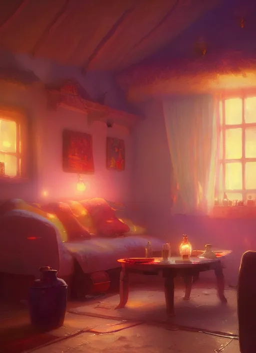 Image similar to beautiful interior of a cozy cottage, delphin enjolras, goro fujita, makoto shinkai, paul lehr, volumetric lighting, exquisite lighting, octane render, very coherent, trending on artstation