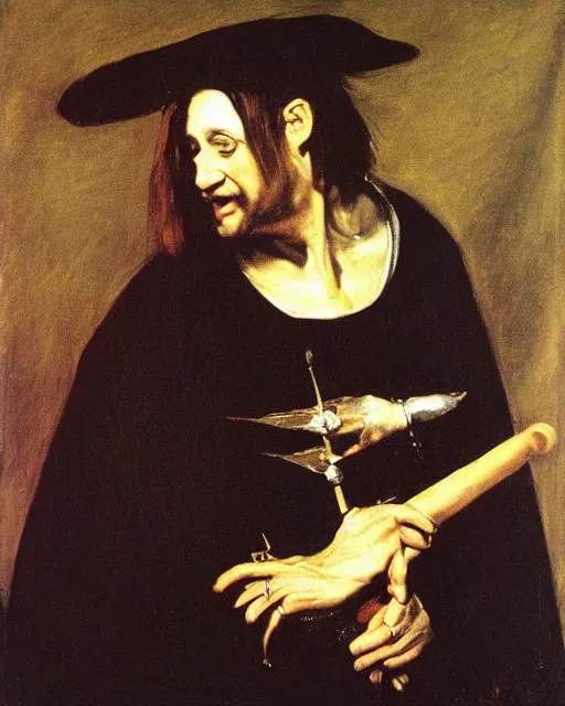 Image similar to Ozzy Osbourne as a royal courtly magician in the 17th century. Baroque portrait in the style of Caravaggio, William Merritt Chase, Goya.