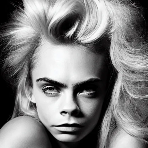 Prompt: photo of a gorgeous 20-year-old Cara Delevingne sky-high bouffant hairstyle by Mario Testino, detailed, head shot, award winning, Sony a7R -