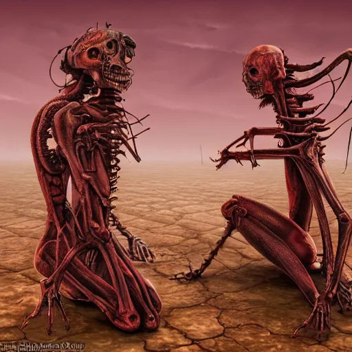 Image similar to conjoined demon twins sitting legs crossed in a desert hellscape covered in gore by Yoshitaka Amano, by HR Giger, biomechanical, 4k, hyper detailed, hyperrealism, anime, a Broken World demons flying overhead, red sky, blood and body parts, deviantart, artstation