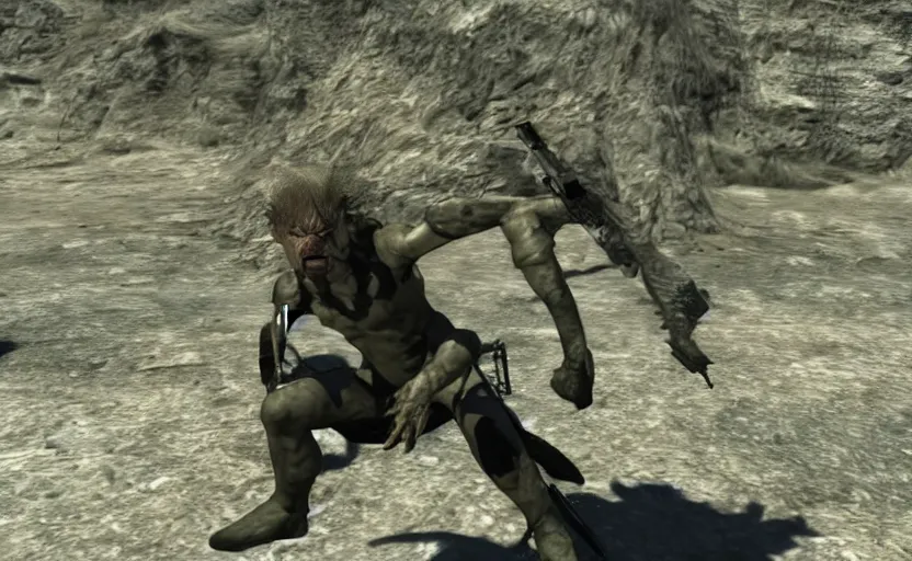 Image similar to a screenshot of gollum as solid snake in metal gear solid 3,