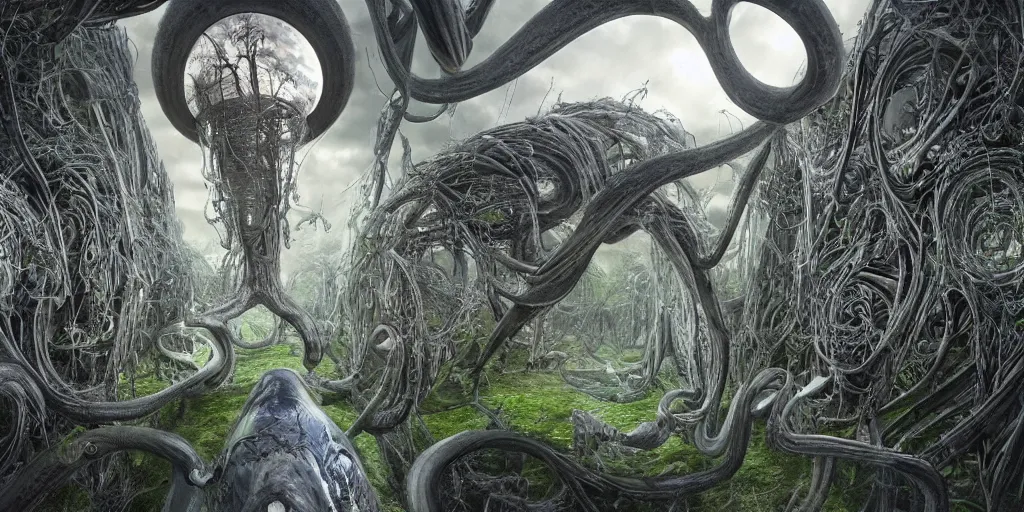 Prompt: an incredibly hyper realistic photorealistic organic world of irridescent creatures in the style of h. r. giger by dr. seuss warped around organic highly reflective mirrors erik johansson, cinematic colors, behance contest winner, global illumination, radiant light, detailed and intricate environment