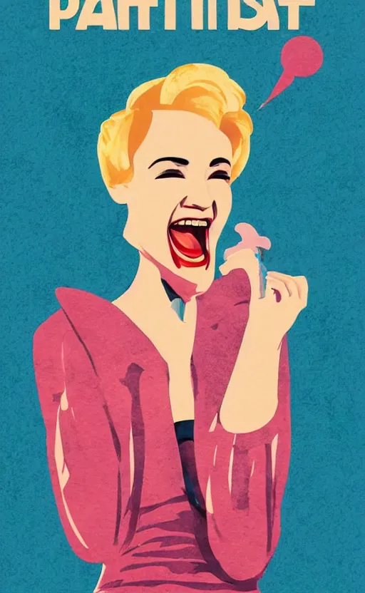 Image similar to illustration portrait of a woman with white pixie cut laughing out loud, art deco painting by tom whalen, funny meme photo, trending on behance, digital illustration, storybook illustration, grainy texture, flat shading, vector art, airbrush, pastel, watercolor, poster