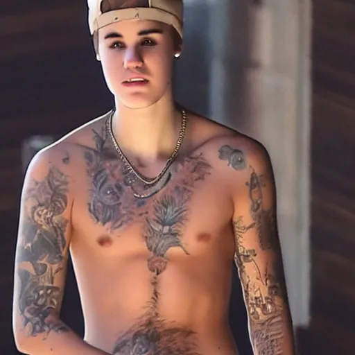 Image similar to Justin Bieber in a sauna with hairy chest