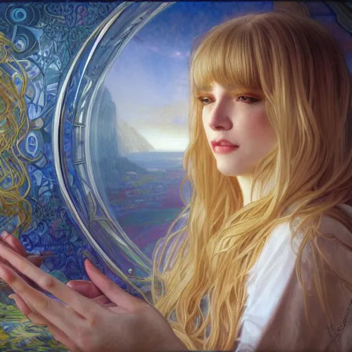 Prompt: A young woman with blonde long hair and bangs in shorts and white shirt drawn by Donato Giancola and Artgerm, Light by Julie Bell, design by alphonse mucha, background by James Jean and gustav klimt and John Marshall Gamble, 4k, volumetric lighting, french nouveau, trending on artstation, octane render, hyperrealistic