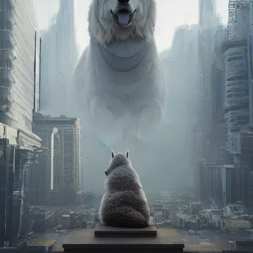 Image similar to a giant samoyed statue in the middle of a futuristic dystopian city, view from the sky, intricate artwork by beeple, beautiful, cinematic lighting, heavy mist, octane render, trending on artstation, greg rutkowski very coherent artwork. cinematic, hyper realism, high detail, octane render, 8k