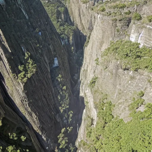 Image similar to vast interior chamber of a large, natural gorge, sunlight visible from above